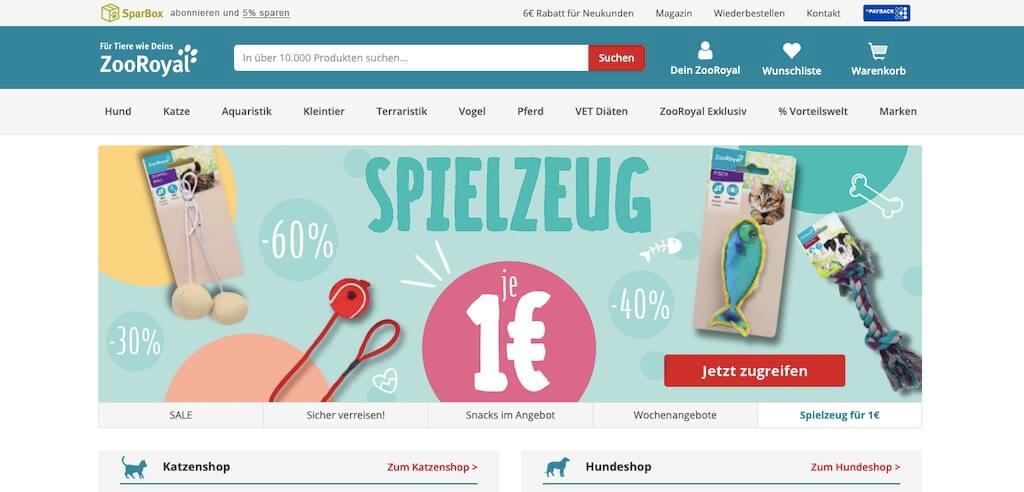 Startseite vom Online-Shop zooroyal.de