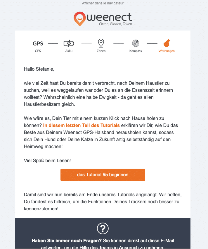 Das 5-teilige Tutorial endet mit dem Hinweis darauf, dass Fragen per E-Mail beantwortet werden können.
