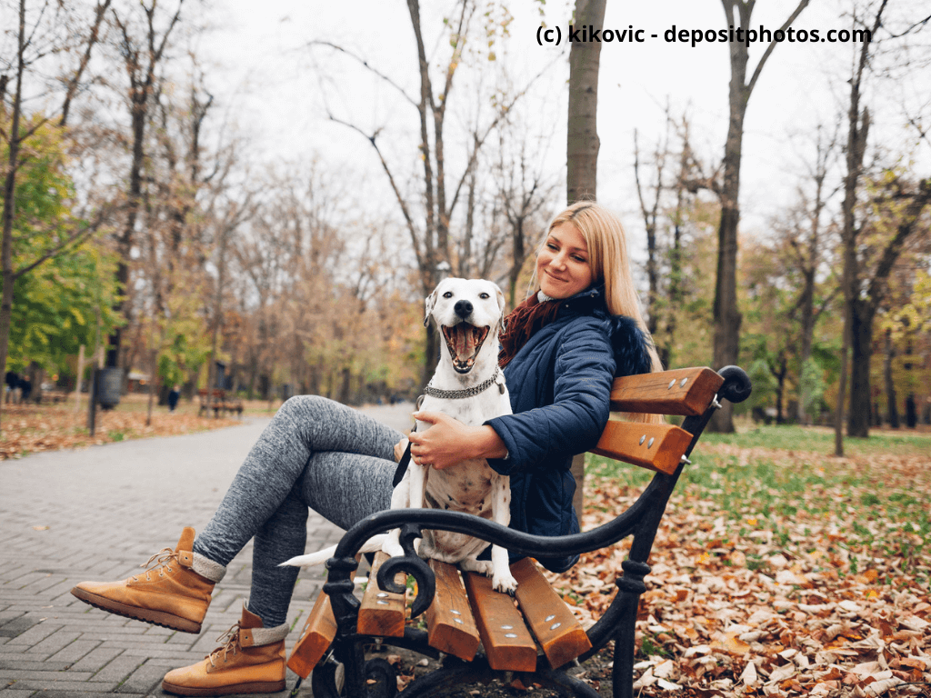 Hund sitzt mit Frau auf Parkbank