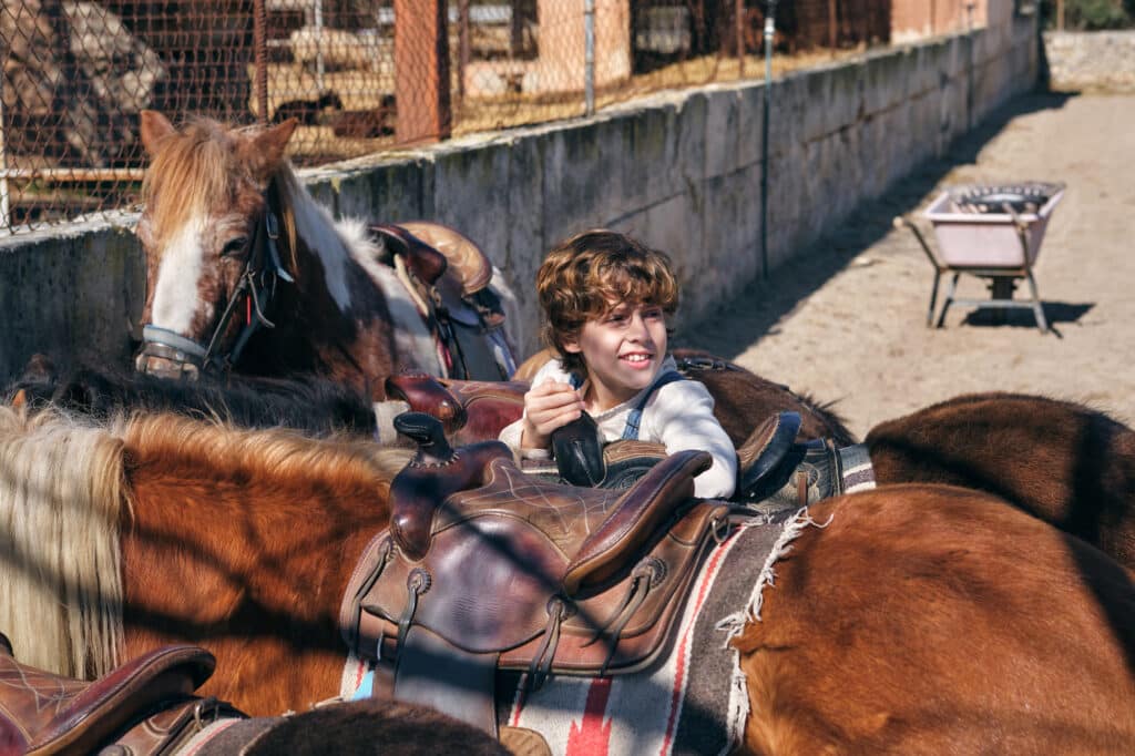 Ein Junge steht fröhlich grinsend zwischen zwei Ponys mit Westernsätteln. Beschriftung lautet: Reiterferien sind sicherlich der große Traum vieler Pferdemädchen und -jungs.